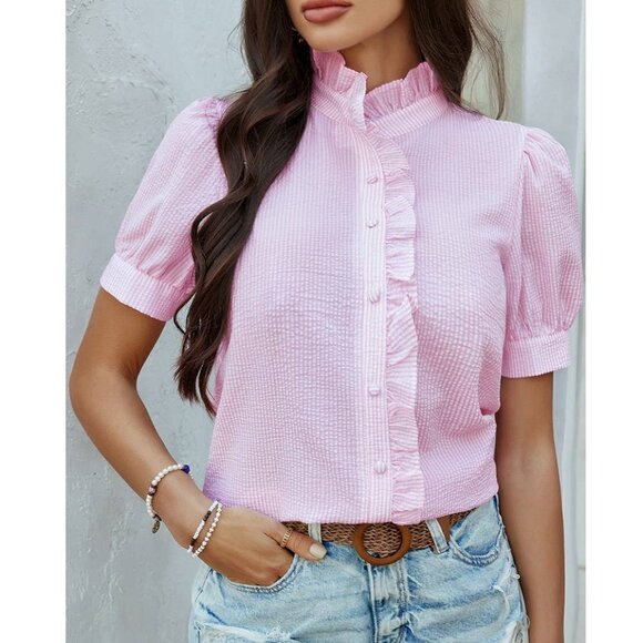 Pink Striped Shirt Button Down Puff Sleeve Blouse Ruffle Trim On Front & Collar - Picture 2 of 4